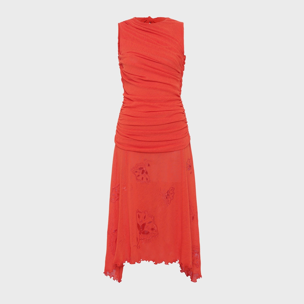 Siedres Nuina Open-Back Ruched Midi Semi Sheer Mesh Dress - Orange