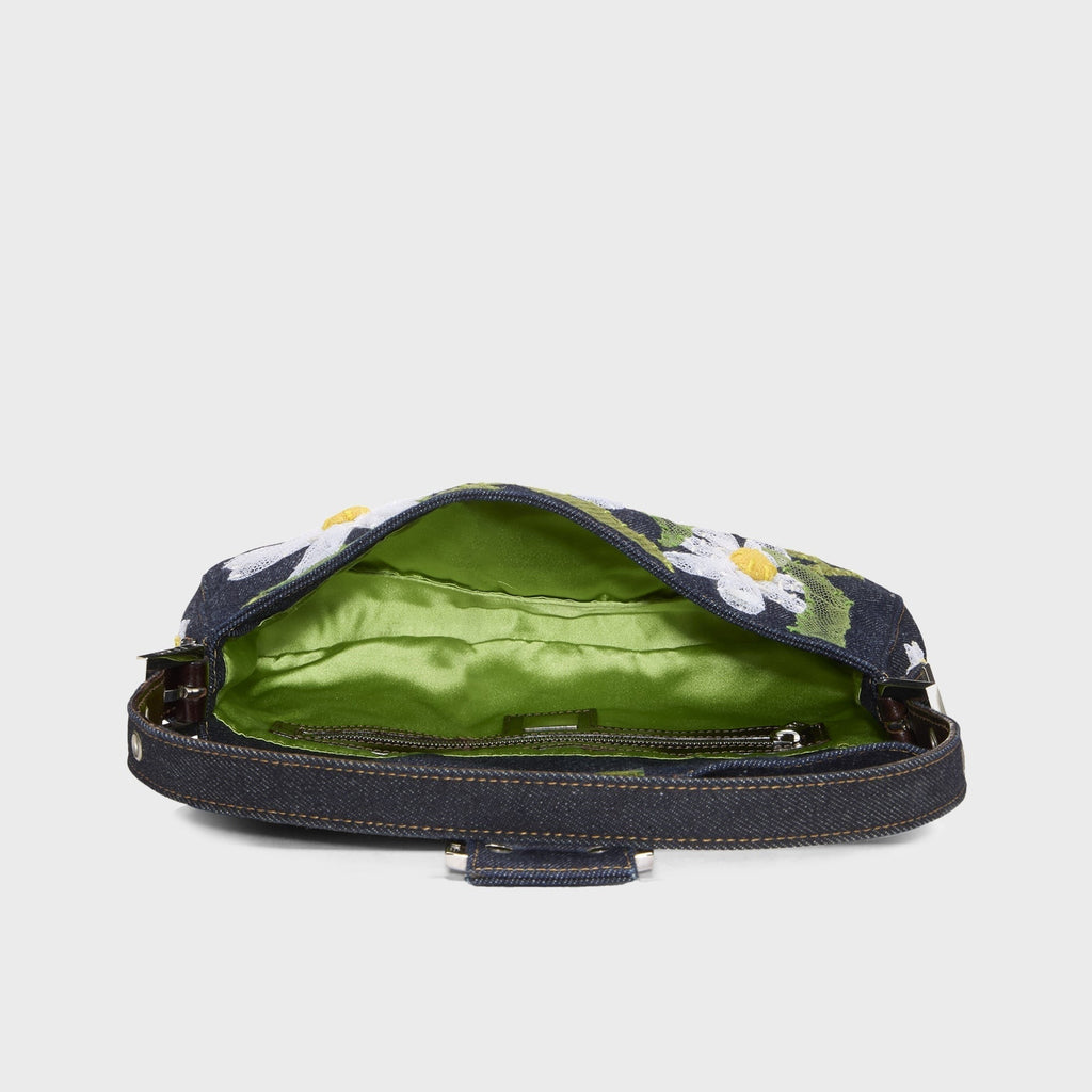 WGACA Fendi Denim Floral Embroidered Mama Baguette Shoulder Bag - Navy