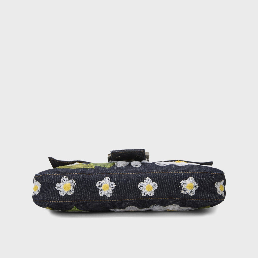WGACA Fendi Denim Floral Embroidered Mama Baguette Shoulder Bag - Navy
