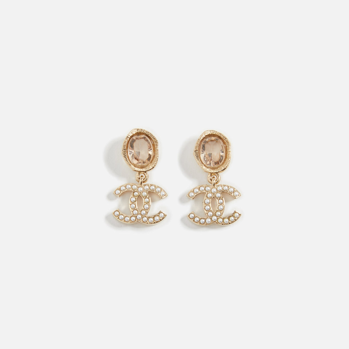 WGACA Chanel Crystal Pearl CC Dangle Earrings - Gold