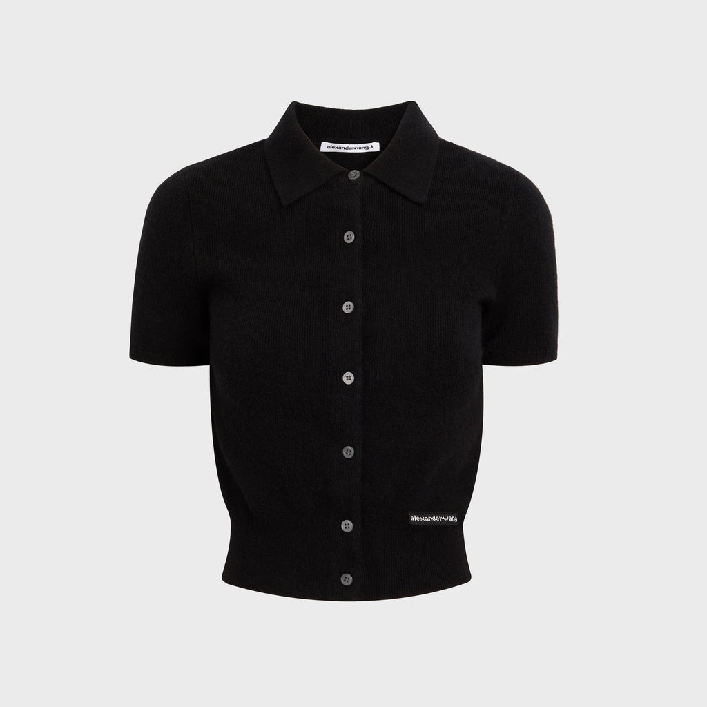 Alexander Wang Short Sleeve Polo Cardigan with Knit Logo Patch - Black