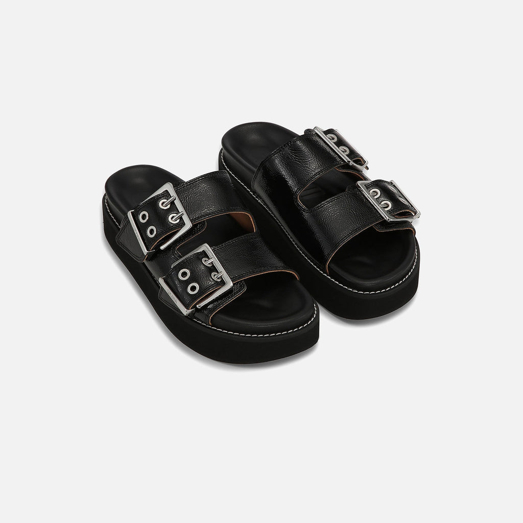 Ganni Wide Welt Chunky Buckle Flat Sandal - Naplack Black