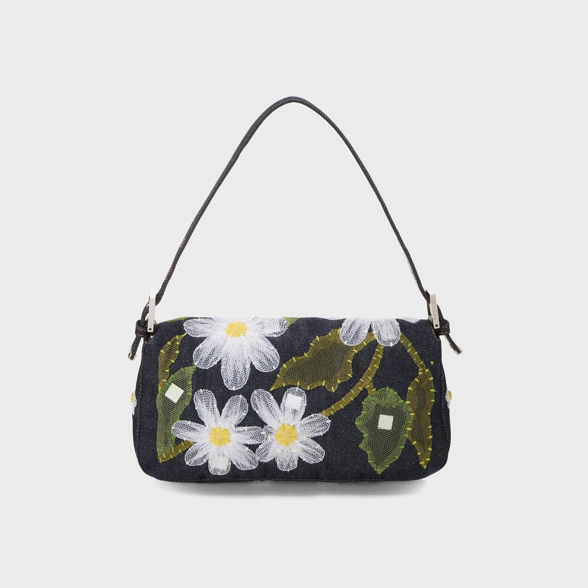 WGACA Fendi Denim Floral Embroidered Mama Baguette Shoulder Bag - Navy