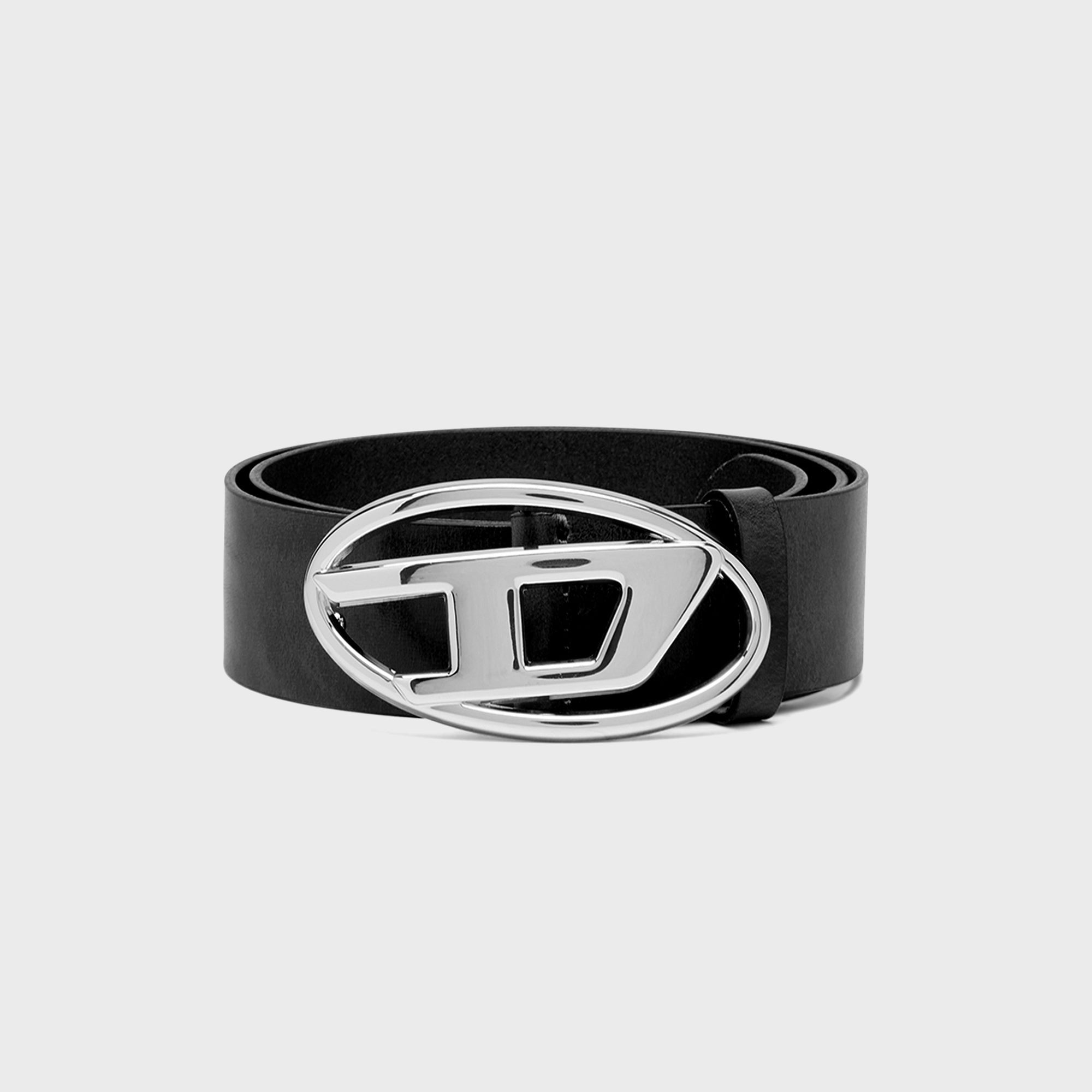 Diesel Leather Belt With Shiny Oval D Logo Buckle - Black / Silver