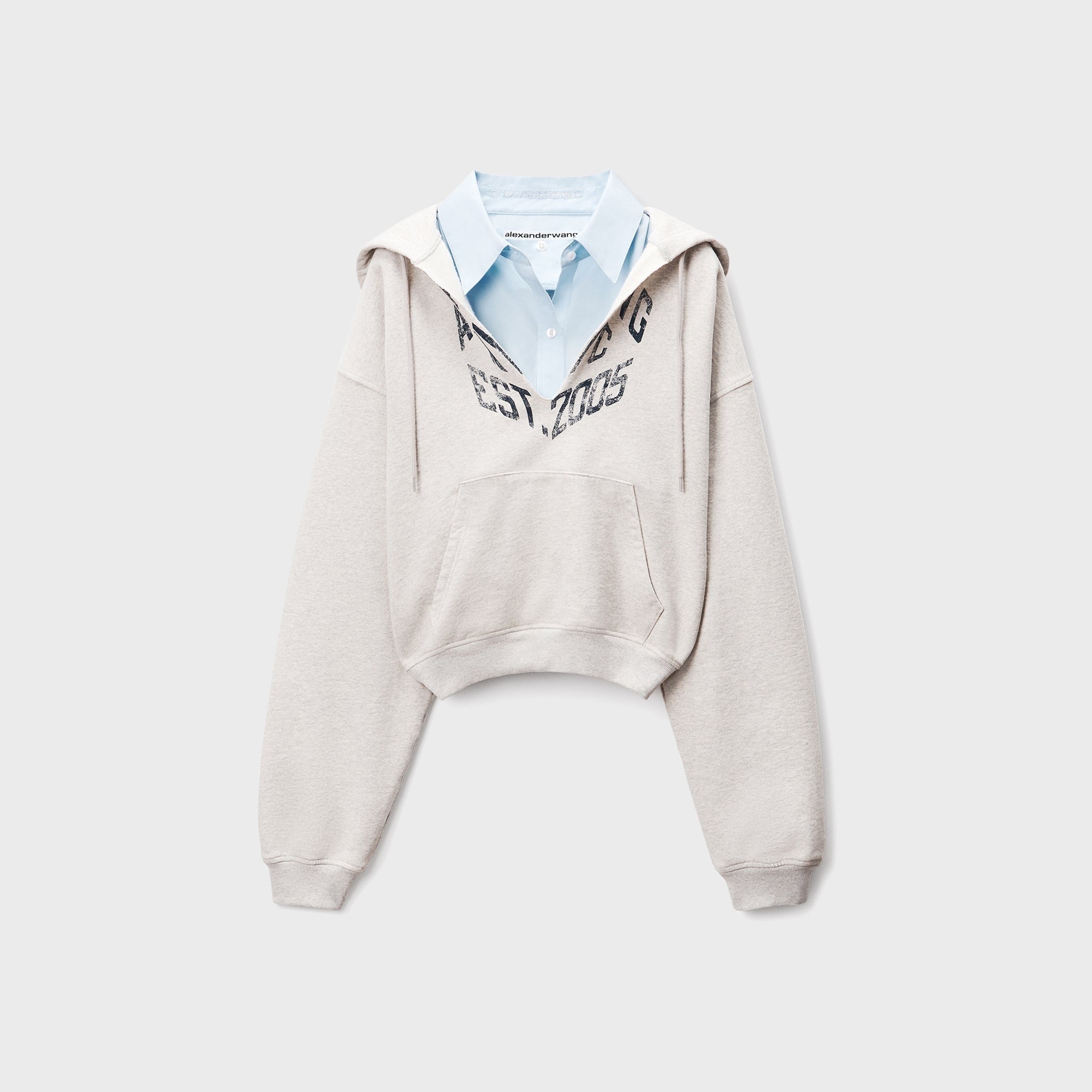 Alexander Wang Slashed Hoodie With Cropped Dickie Shirt - Heather Grey