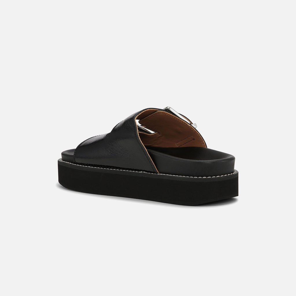 Ganni Wide Welt Chunky Buckle Flat Sandal - Naplack Black