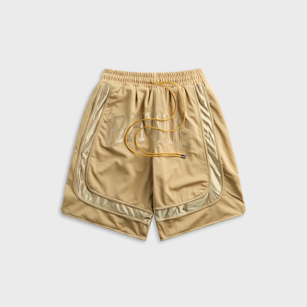 Rhude Baggy Collegiate Logo Short - Tan / Gold