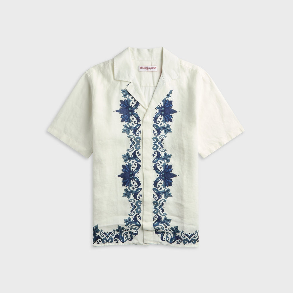 Orlebar Brown Maitan Linen Relaxed Fit Mirabello Border Shirt - White / Night Iris