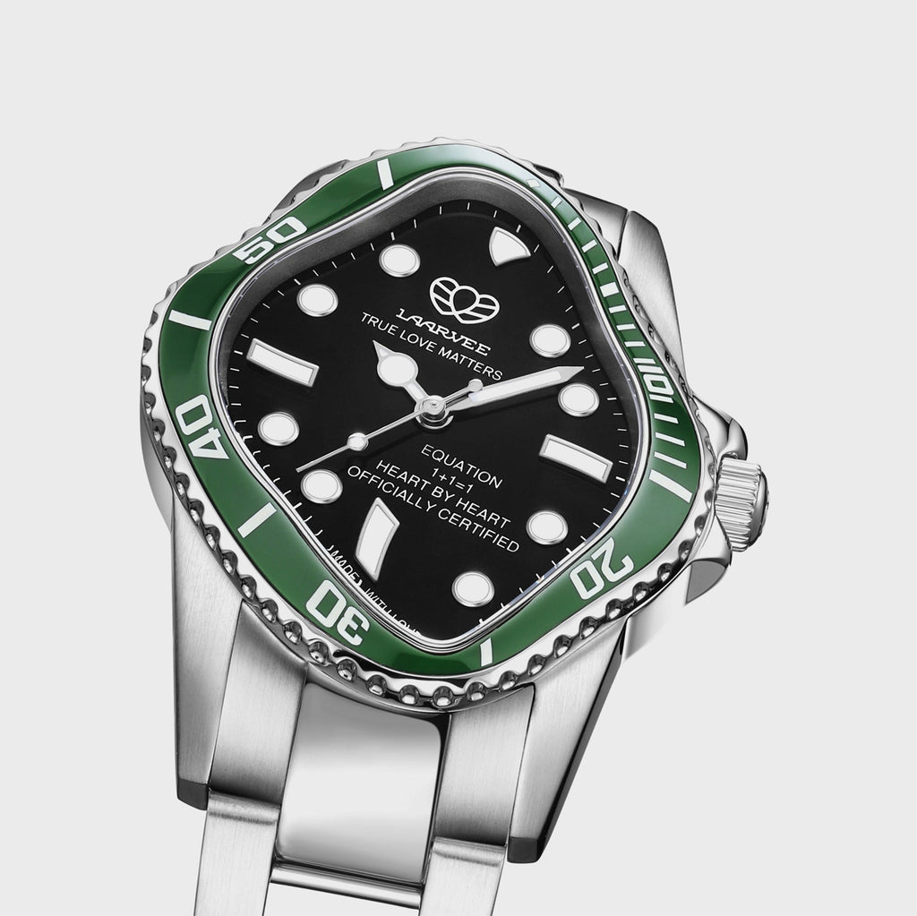 LAARVEE Silver Precision Steel Watch - Green Ceramic Bezel / Black Dial