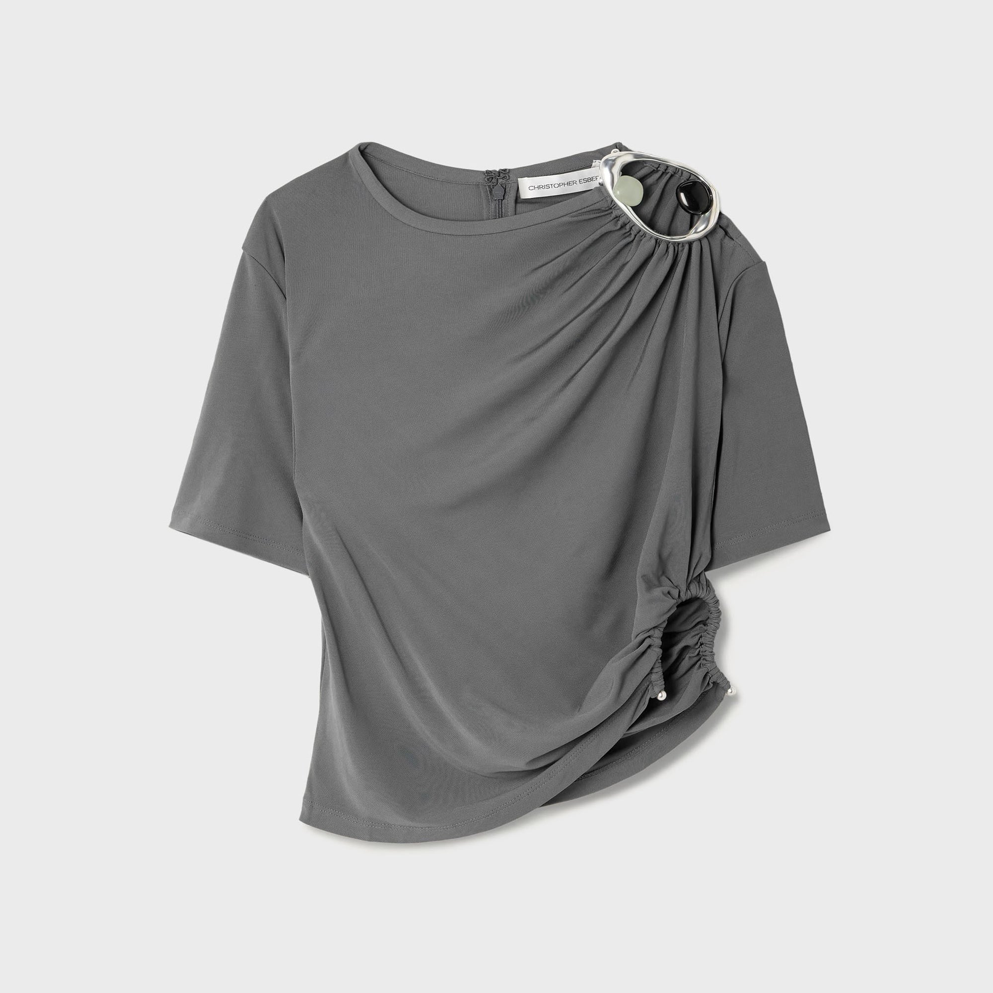 Christopher Esber Prica Crystal Ruched Jersey Tee - Blue Granite