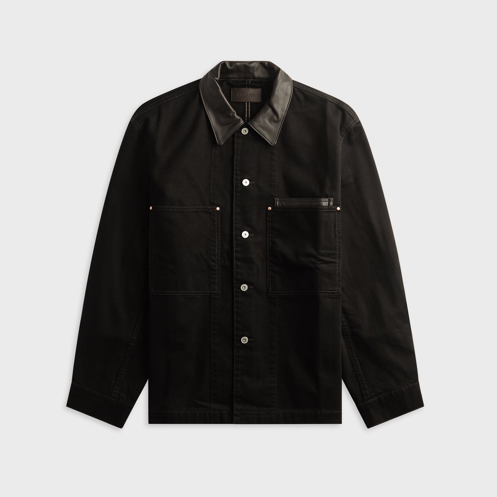Lemaire Workwear Overshirt With Leather Collar - Black