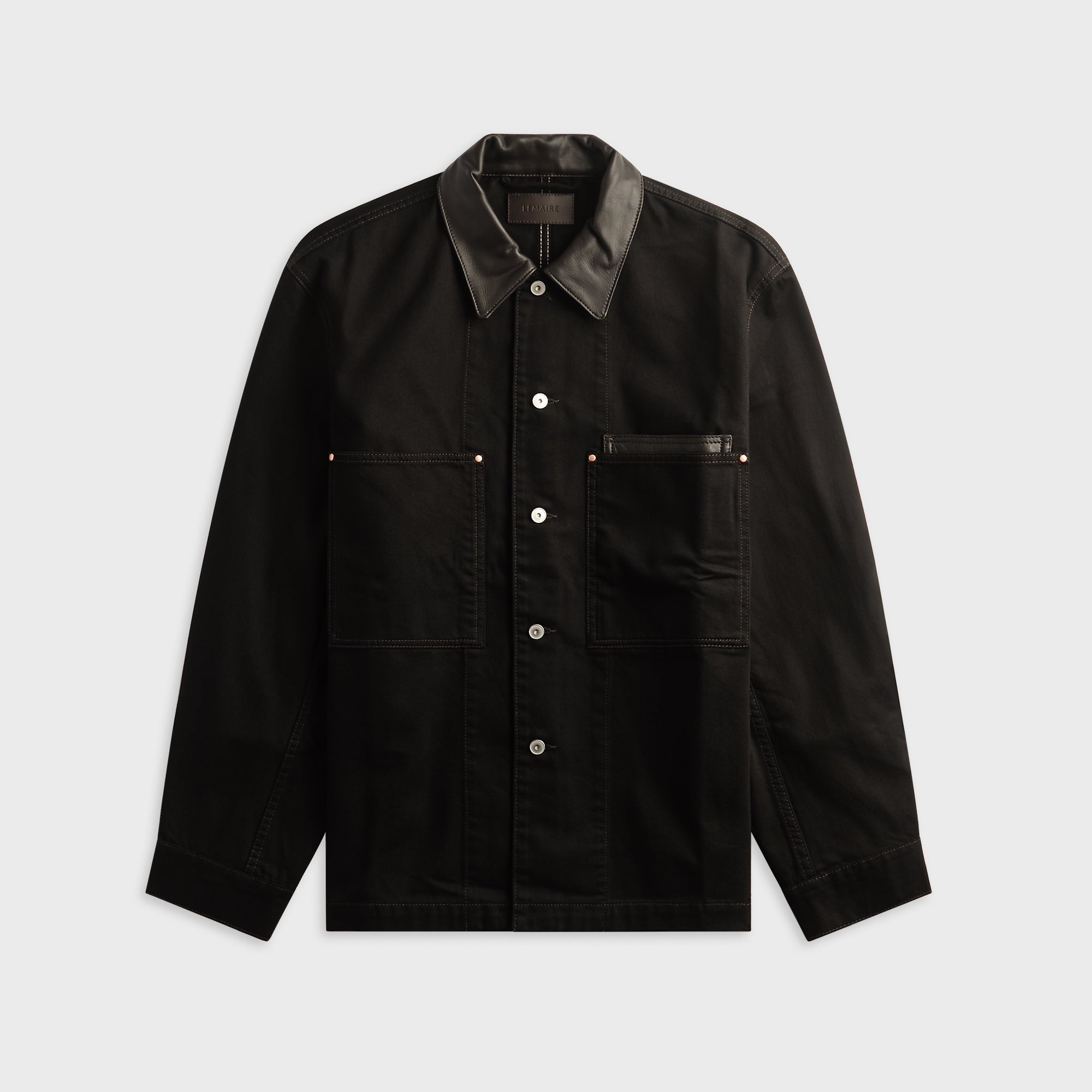 Lemaire Workwear Overshirt With Leather Collar - Black