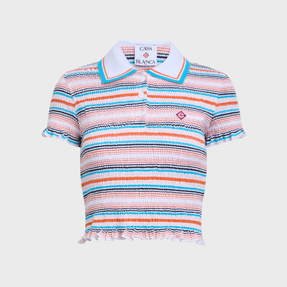 Casablanca Striped Shirred Short Sleeve Polo Shirt - Multi Stripe