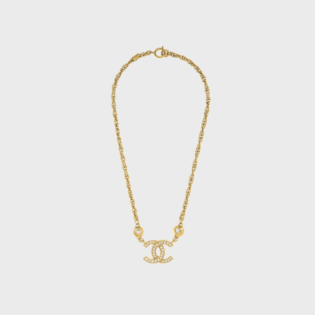WGACA Chanel Crystal CC Logo Pendant Necklace - Gold
