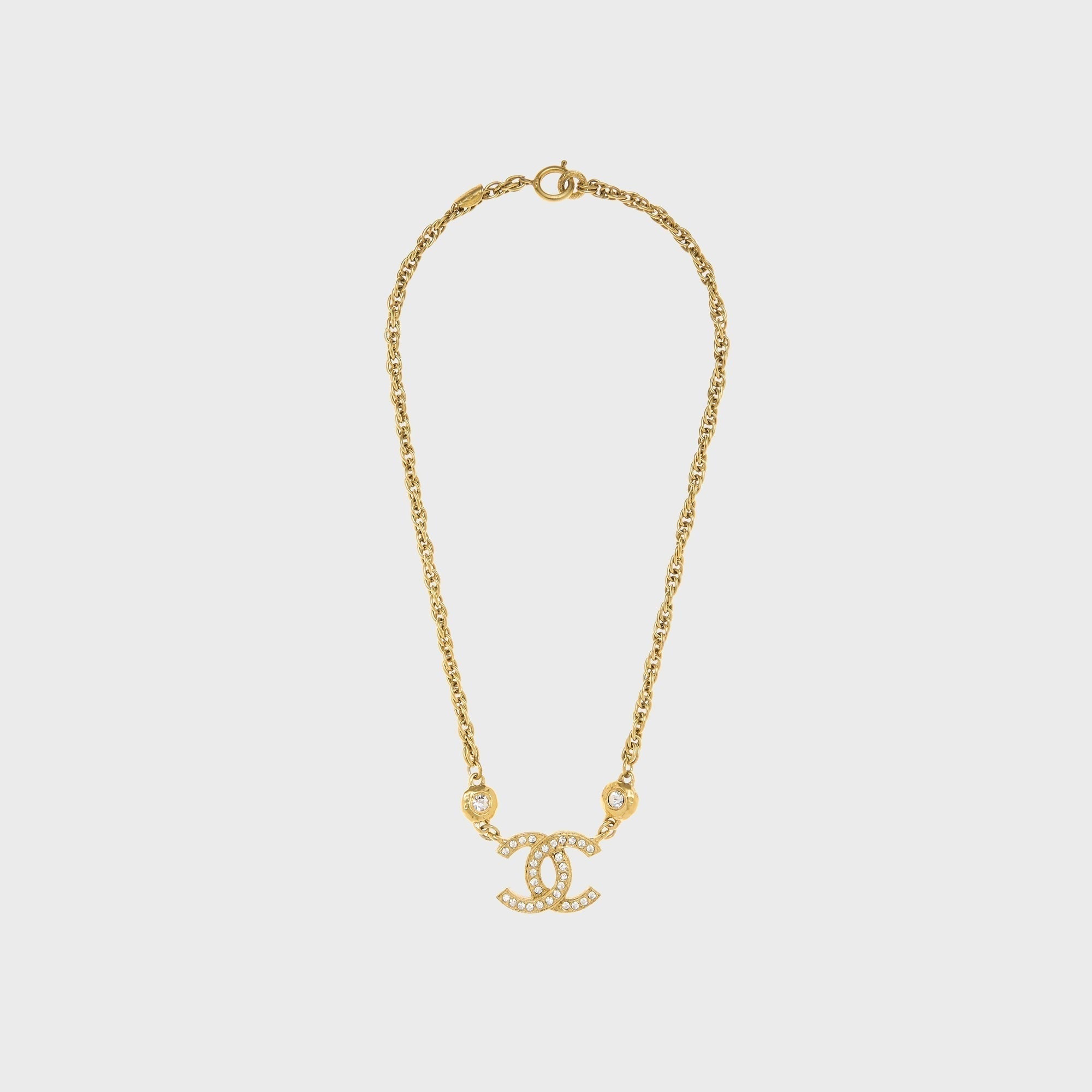 WGACA Chanel Crystal CC Logo Pendant Necklace - Gold