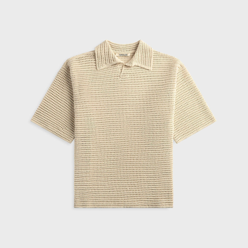 Auralee Tussah Silk Cotton Mesh Knit Skipper Polo - Ivory
