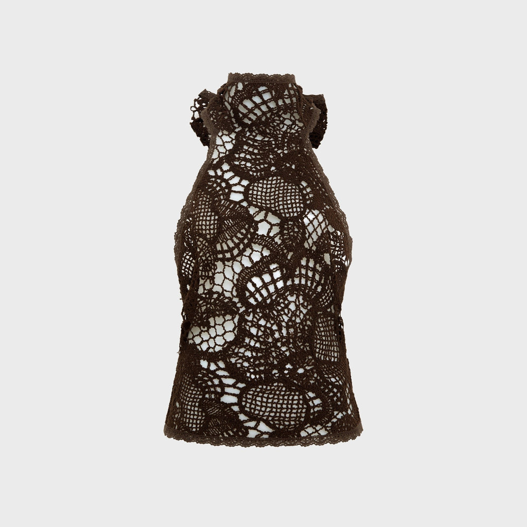 Siedres Indy Halterneck Crocheted Open Knit Texture Top - Brown
