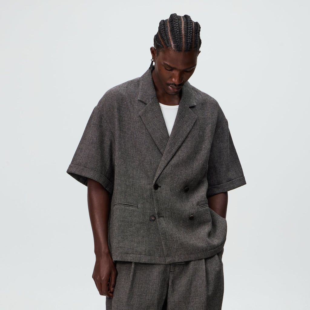 &Kin Textured Linen Ito Blazer - Black Melange