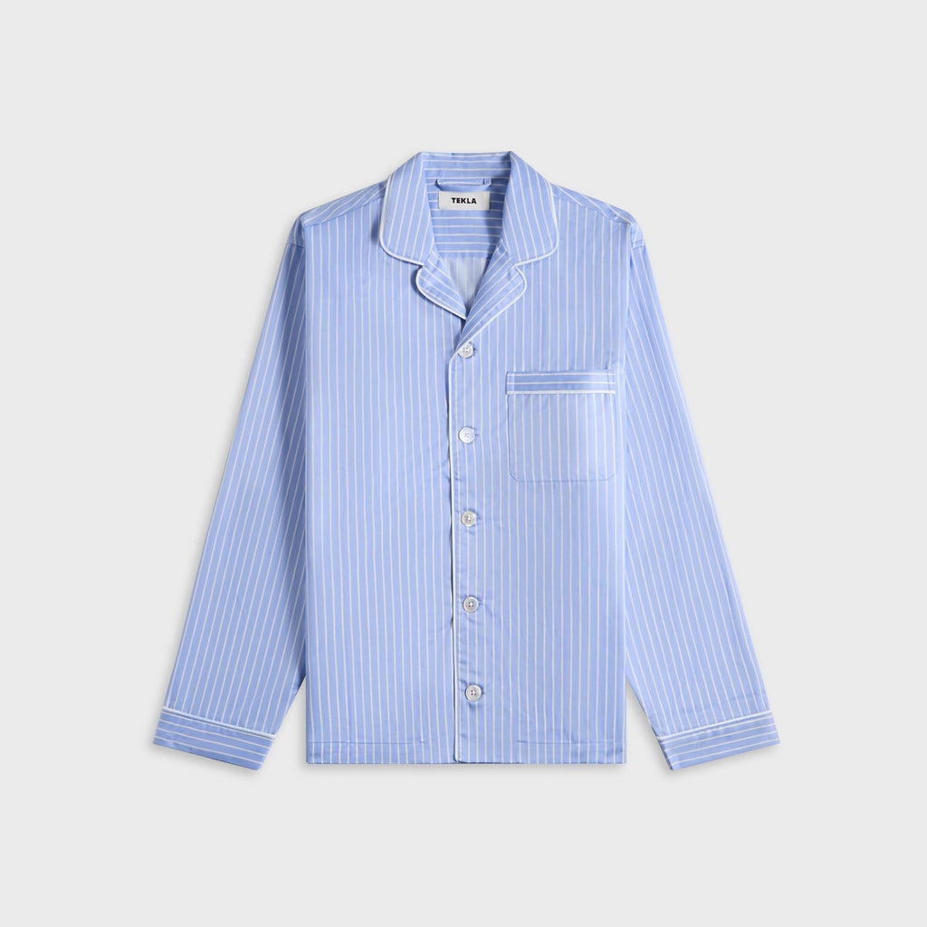 Tekla Sateen Pyjamas Shirt Polo Stripes - Light Blue