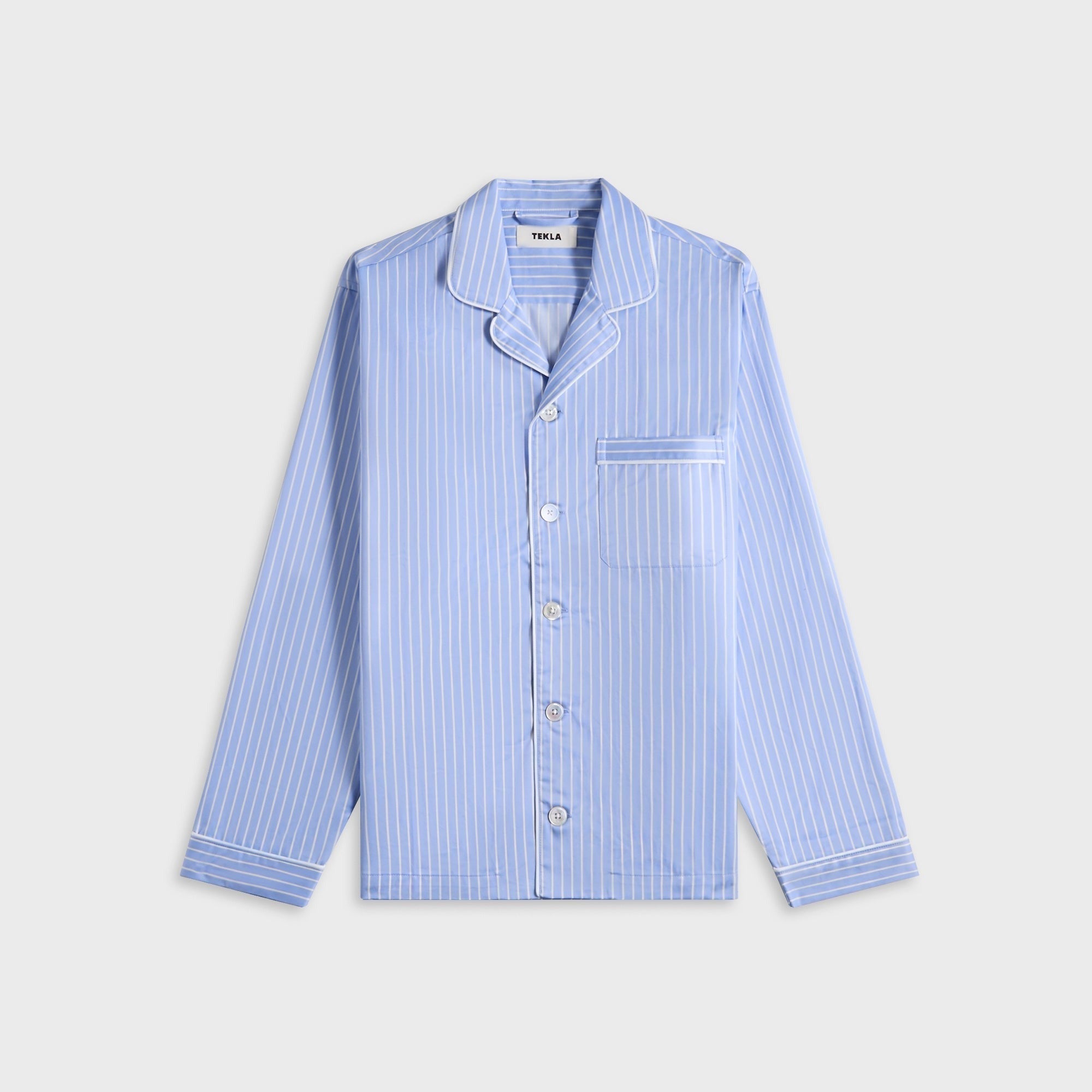 Tekla Sateen Pyjamas Shirt Polo Stripes - Light Blue