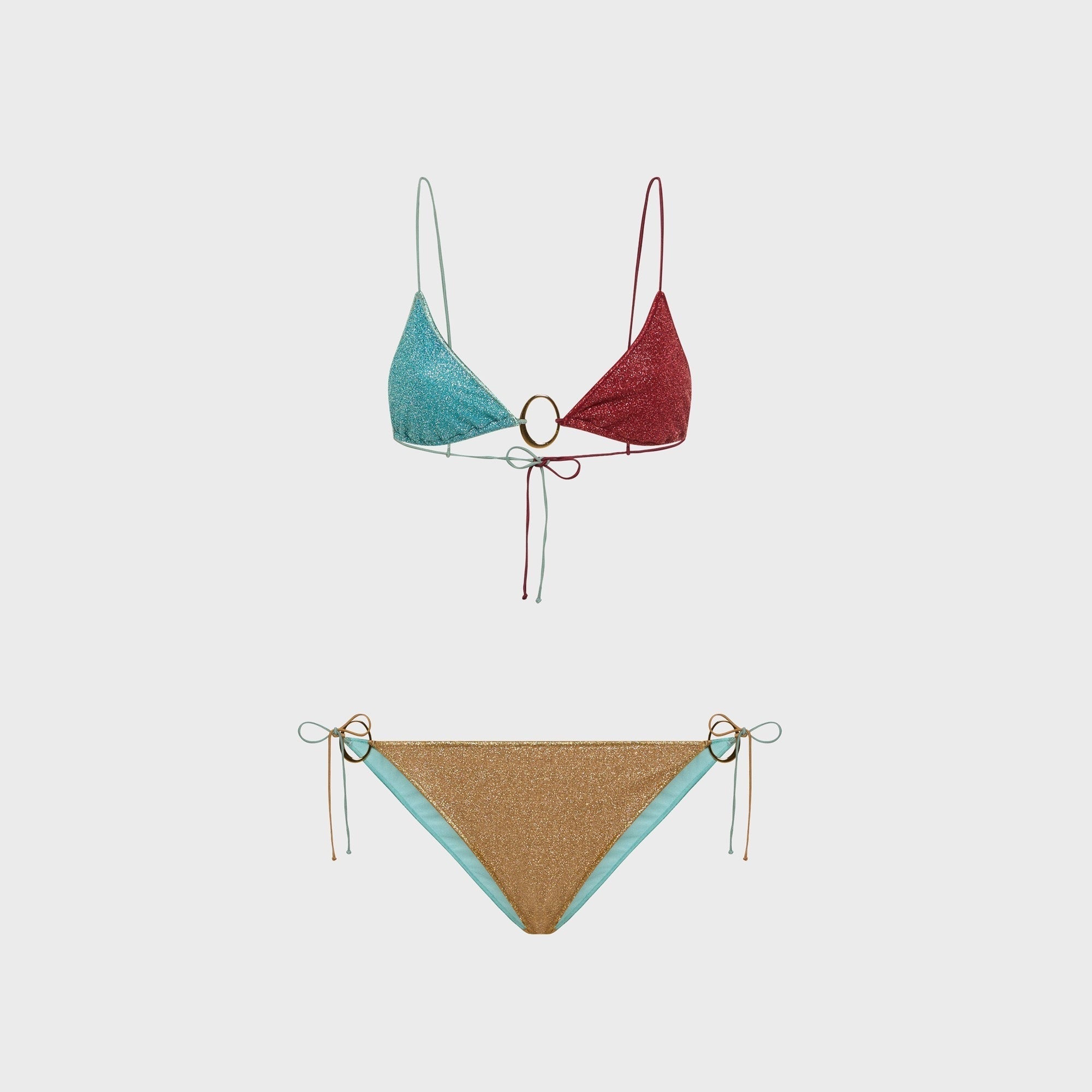 Oseree Lumiere O-Kini Lurex Bikini Set - Sea Turquoise / Coral Gold