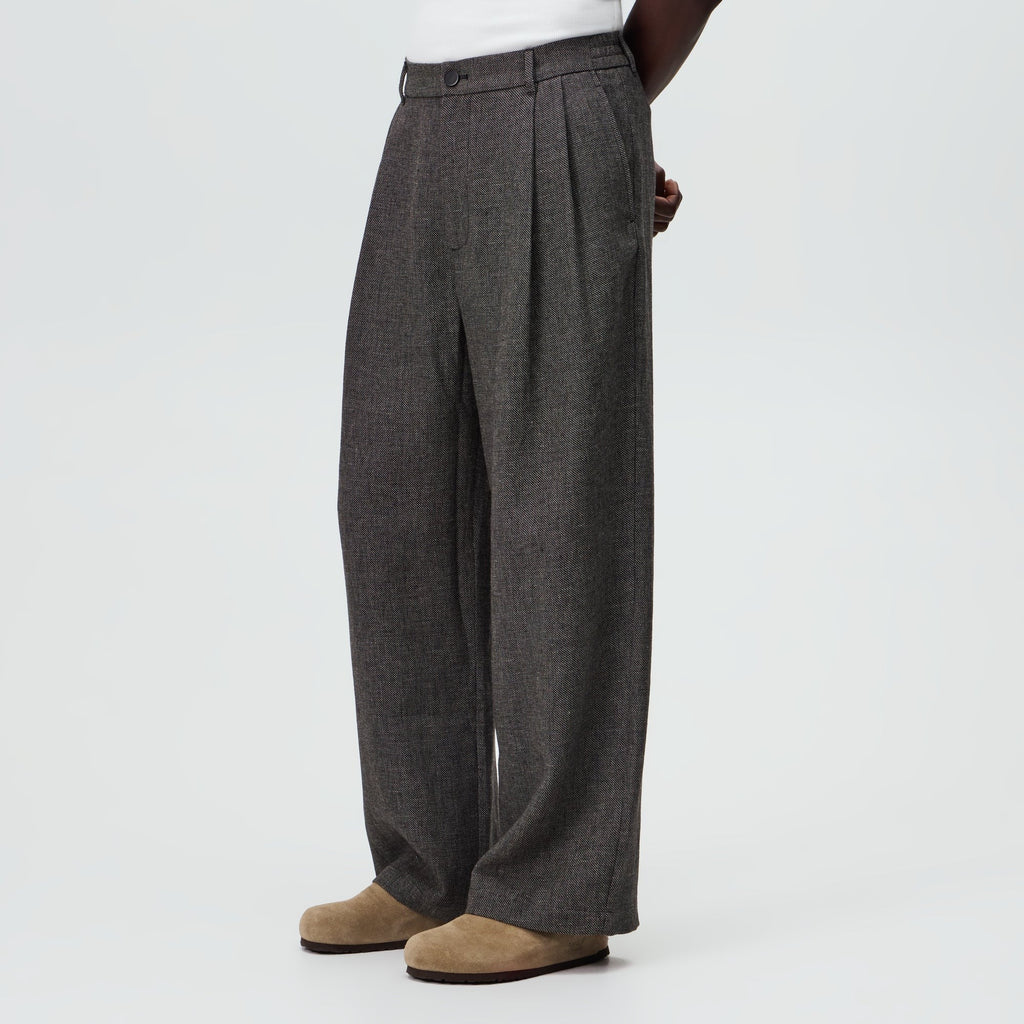&Kin Textured Linen Flax Brynn Pleated Pant - Black Melange