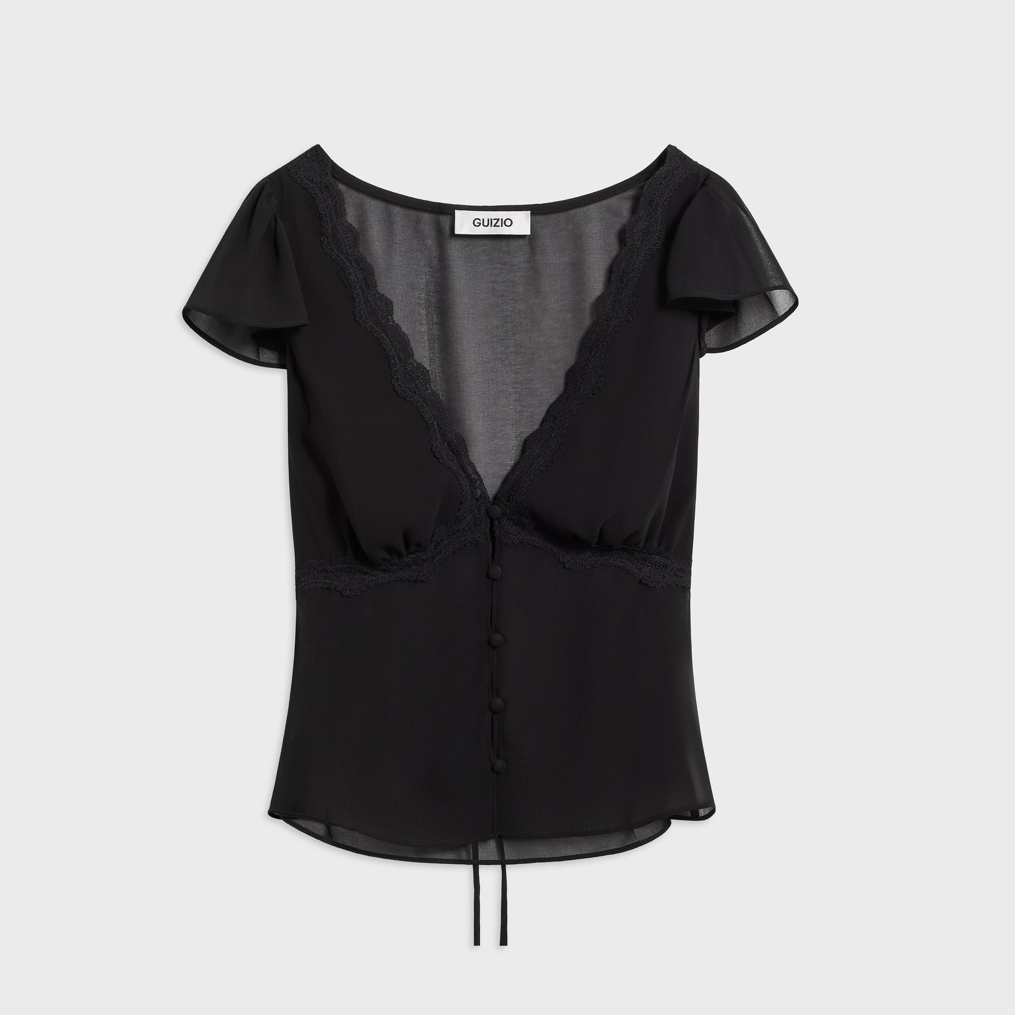 GUIZIO Ara Lace Trim V-Neck Top - Black