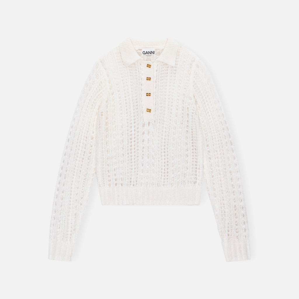Ganni Mohair Lace Polo - White
