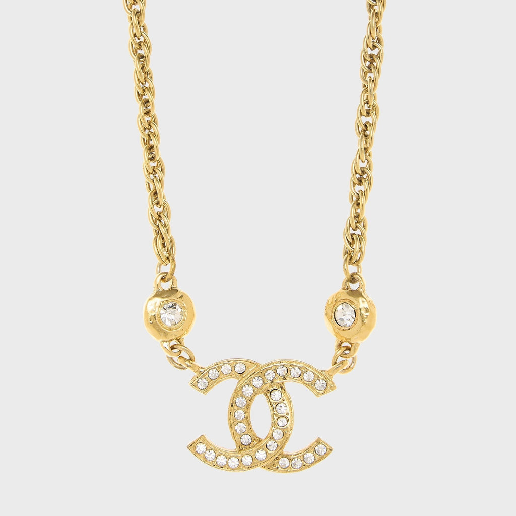 WGACA Chanel Crystal CC Logo Pendant Necklace - Gold