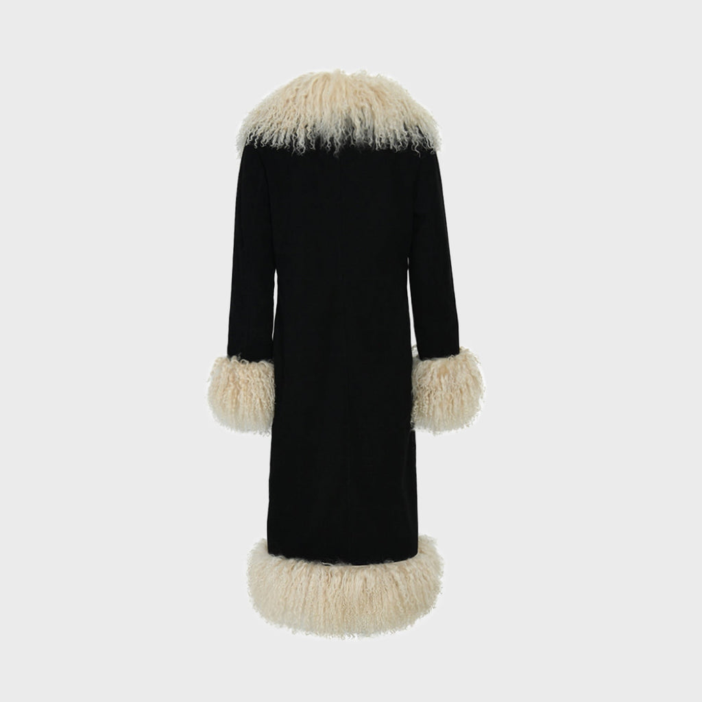 Susanna Chow Dorothy Suede Ultra Maxi Coat - Black / Beige Trim