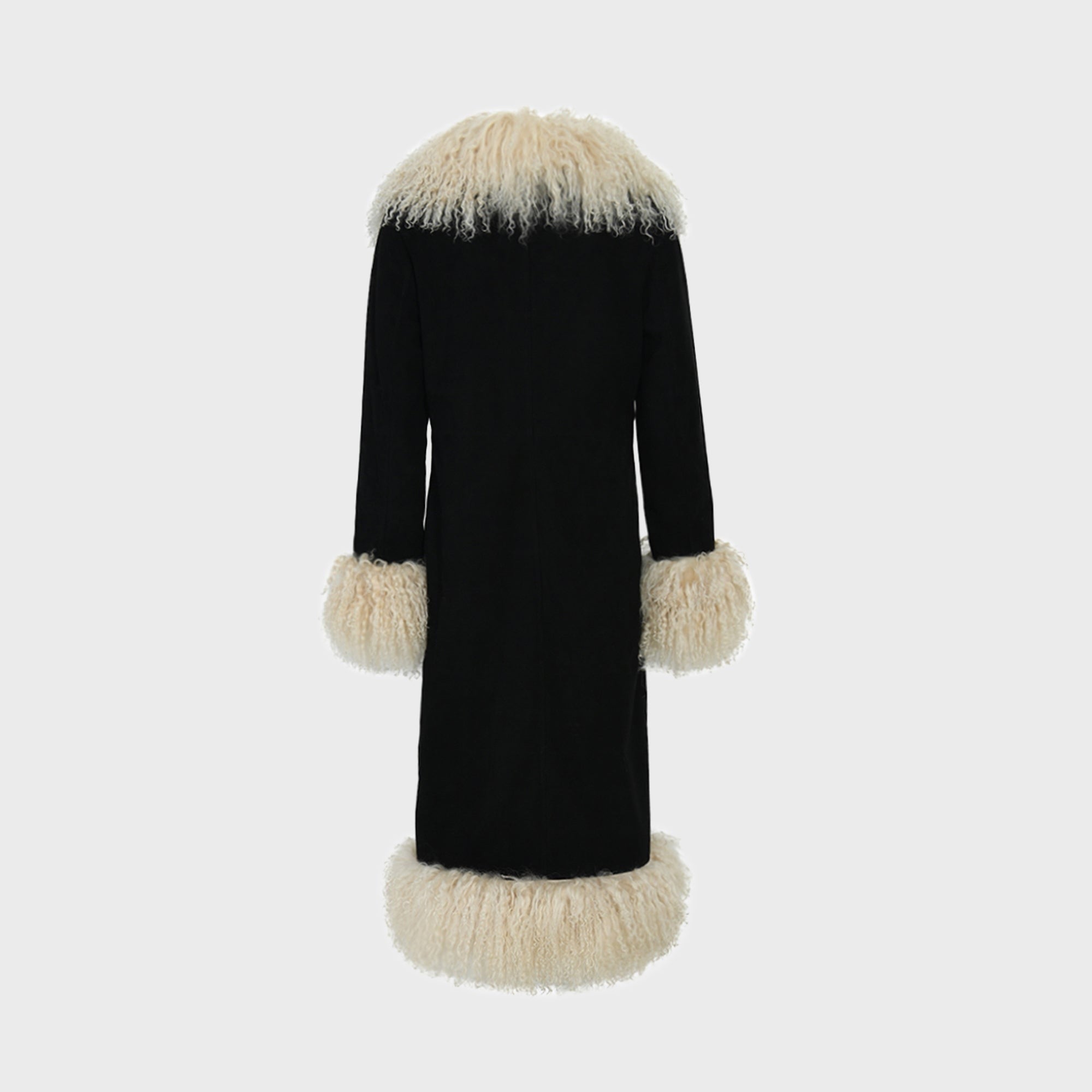 Susanna Chow Dorothy Suede Ultra Maxi Coat - Black / Beige Trim