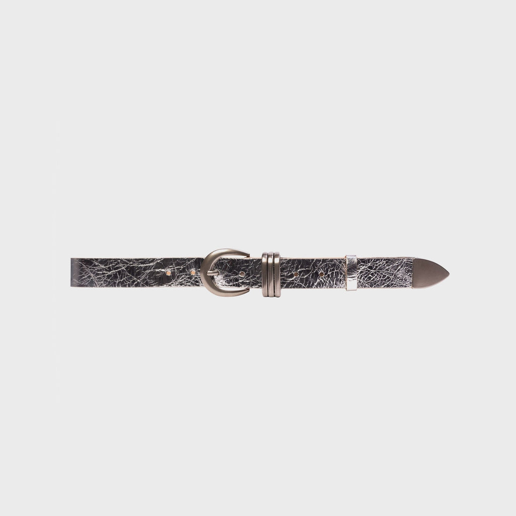 Black Suede Studio Ring Belt - Silver Crinkled Leather