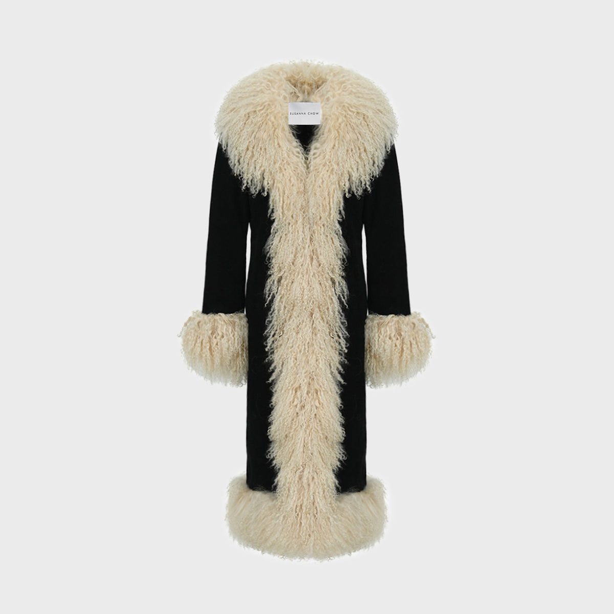 Susanna Chow Dorothy Suede Ultra Maxi Coat - Black / Beige Trim