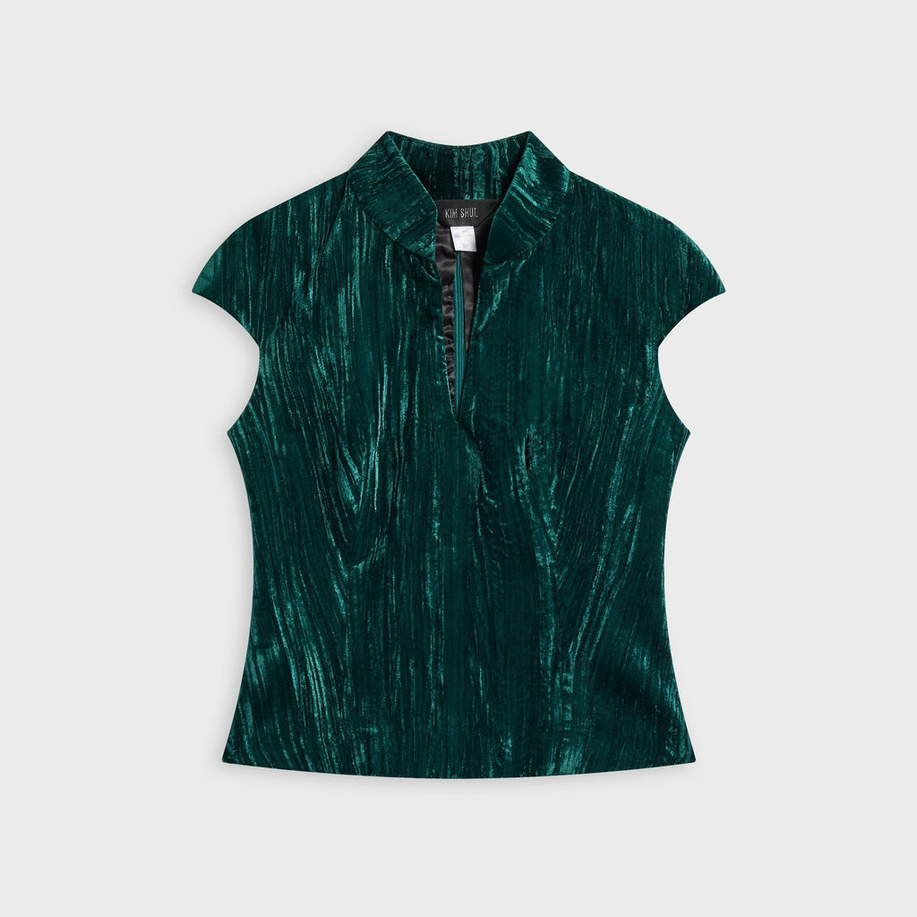 Kim Shui Crushed Velvet Qipao Top with Keyhole - Emerald