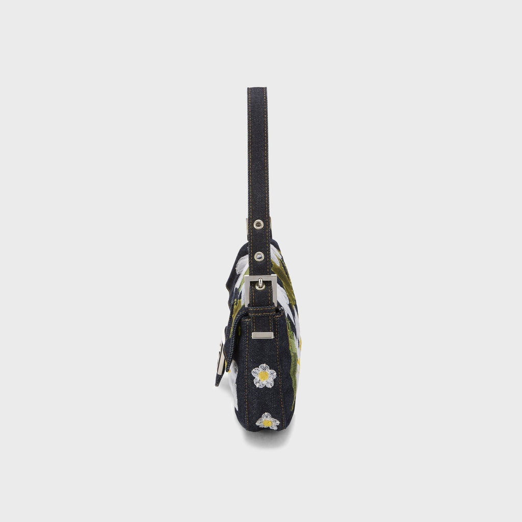 WGACA Fendi Denim Floral Embroidered Mama Baguette Shoulder Bag - Navy
