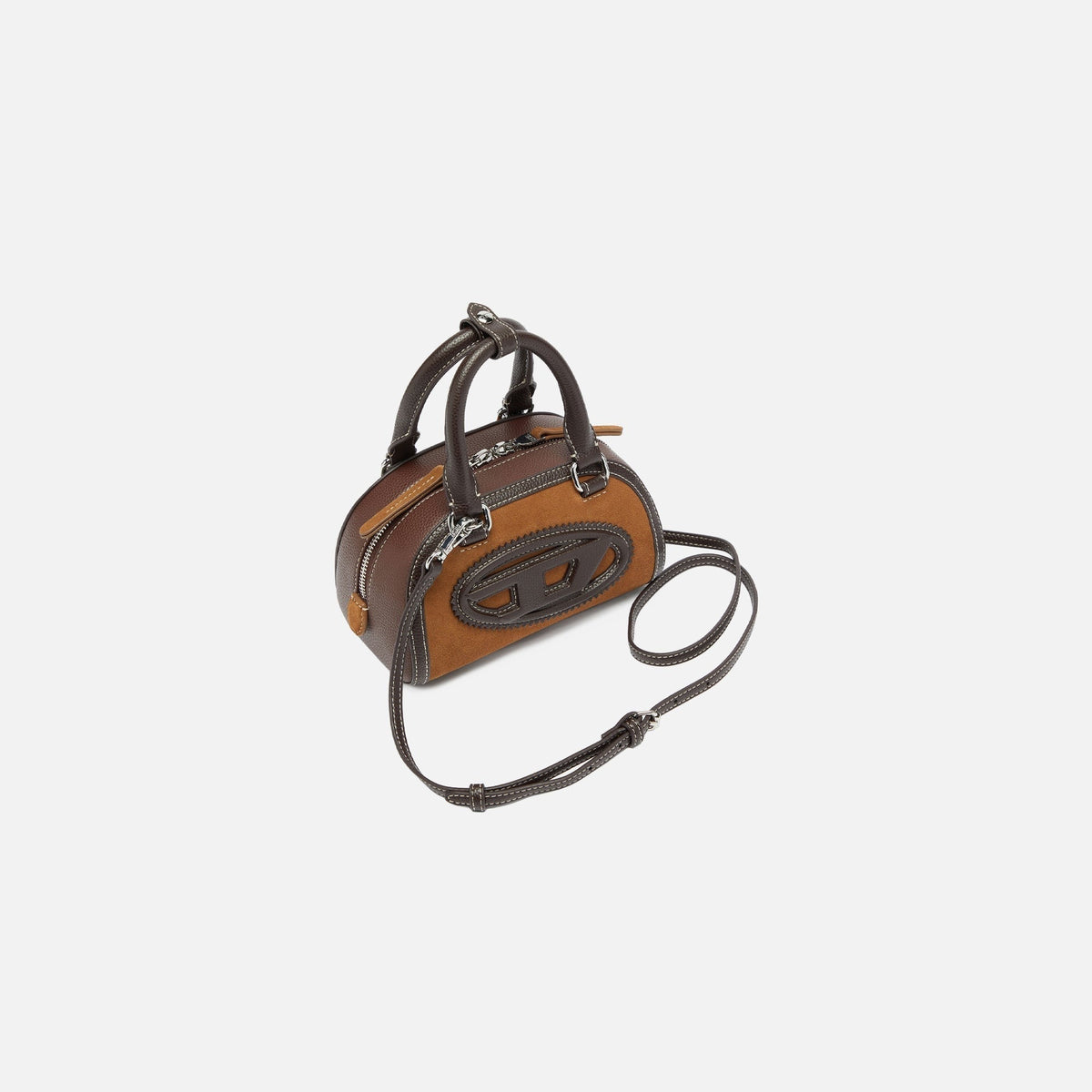 Diesel 1DR Dome Suede and Grainy PU Small Bowling Bag - Brown