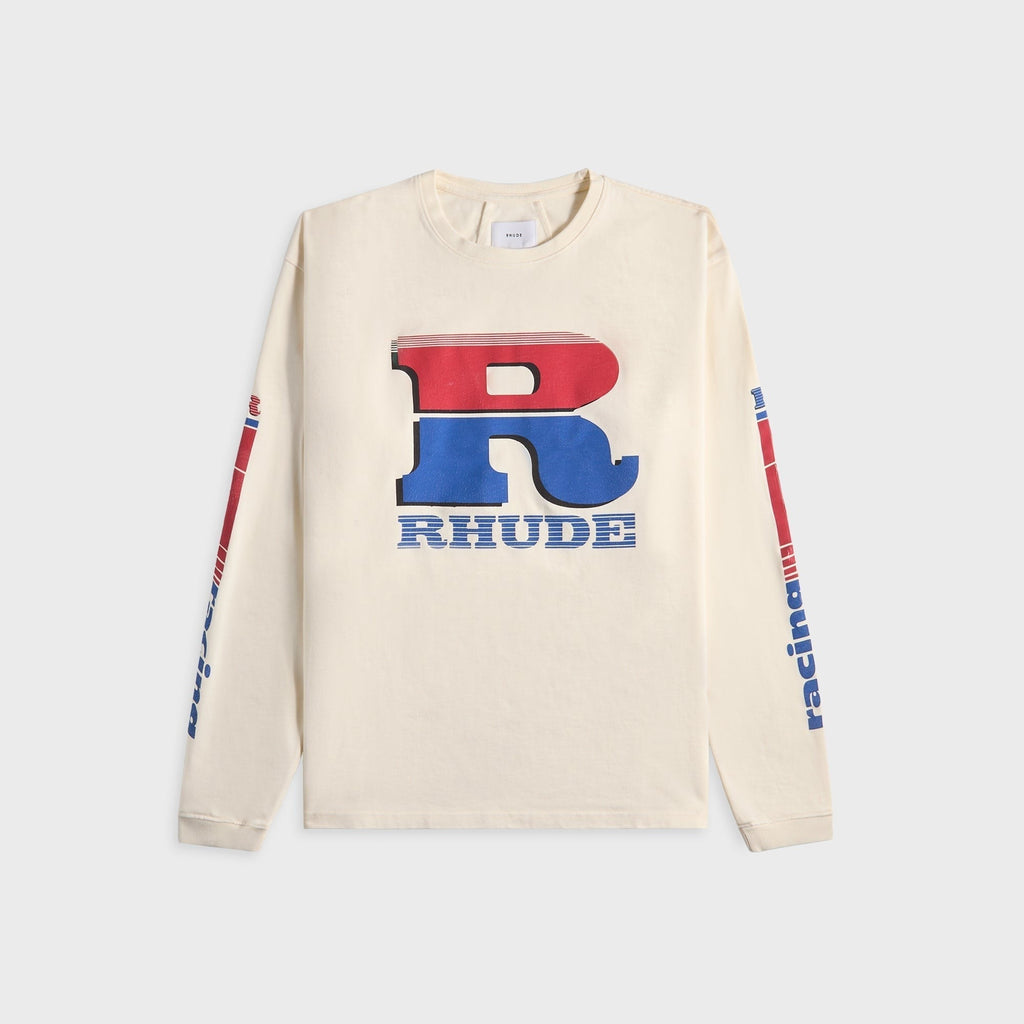 Rhude Split Petrol Logo Long Sleeve Tee - Vintage White / Red / Blue