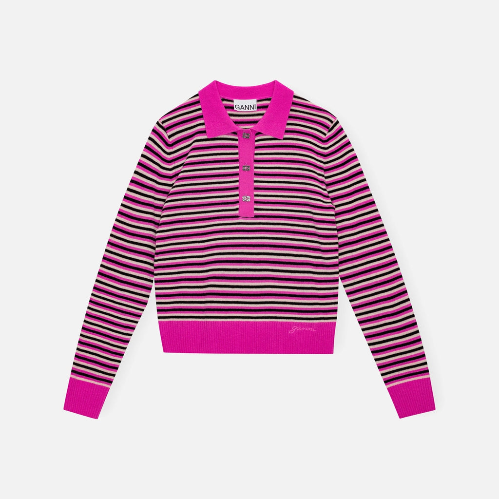 Ganni Cashmere Mix Long Sleeve Polo - Multi