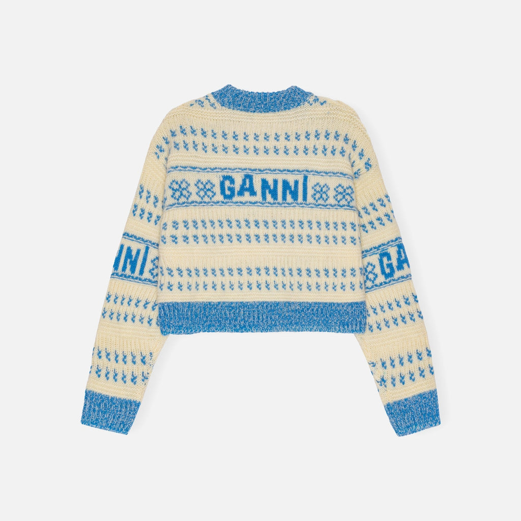 Ganni Graphic Lambswool Cropped O-Neck - Blue