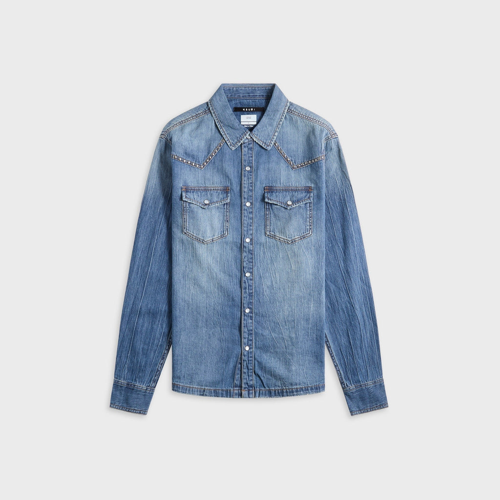 Ksubi Whiplash Long Sleeve Shirt Texas Blue Studded - Stone Washed Denim