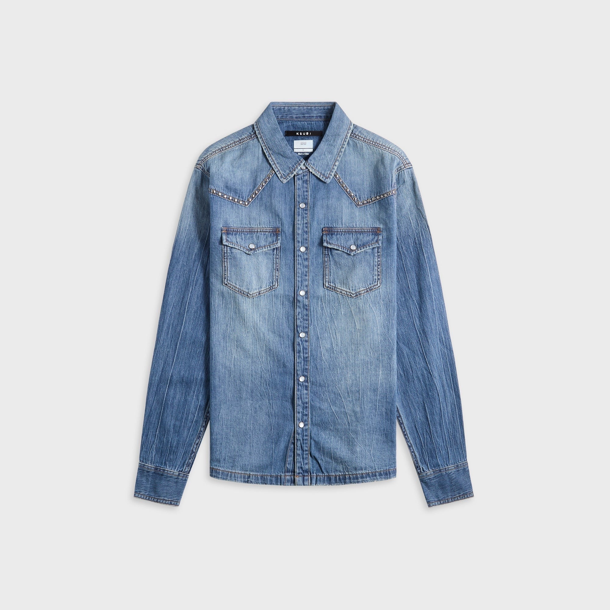 Ksubi Whiplash Long Sleeve Shirt Texas Blue Studded - Stone Washed Denim