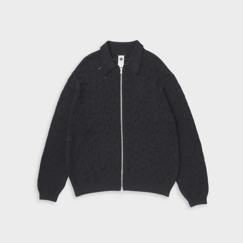 vowels Eyelet Knitted Zip Up Sweater - Black