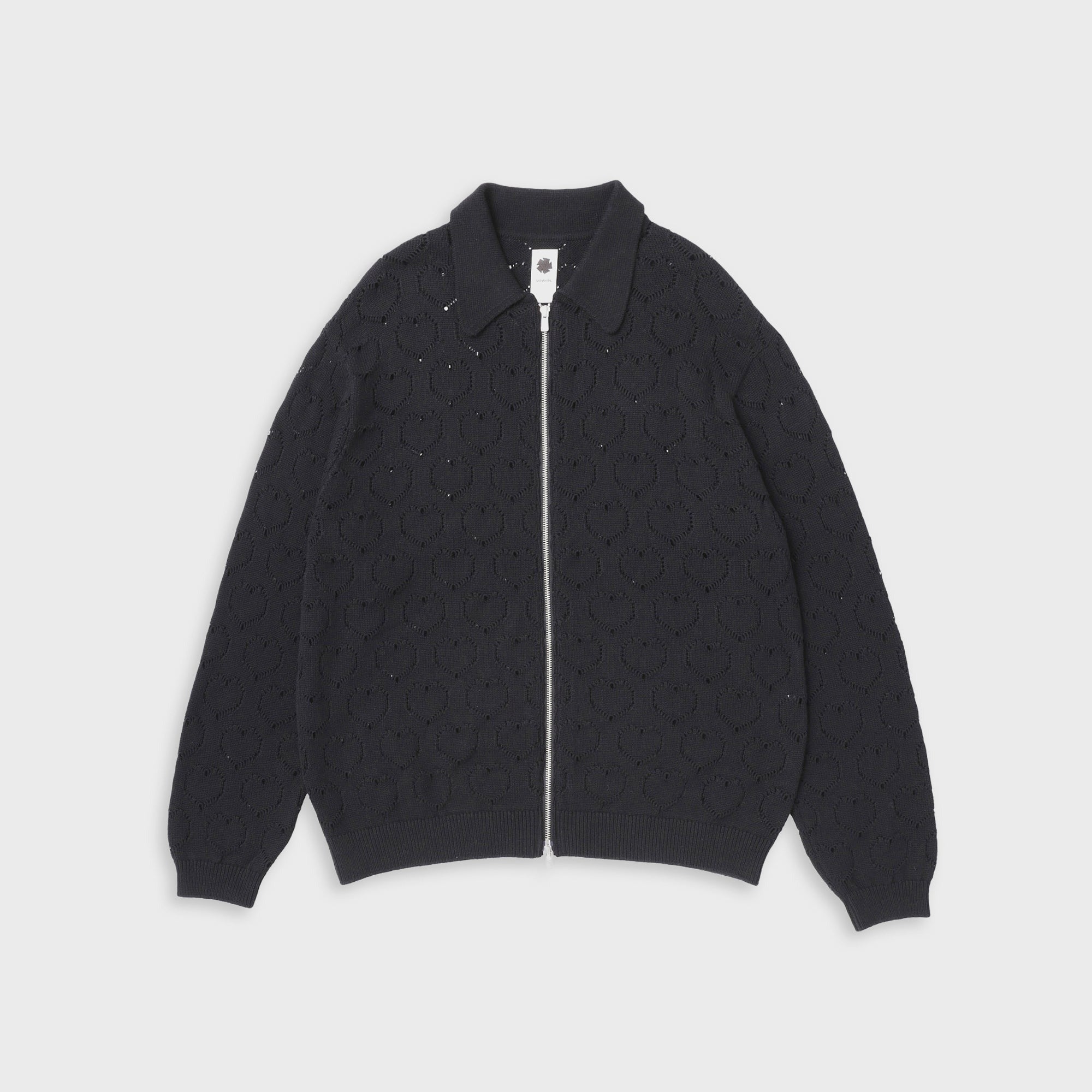 vowels Eyelet Knitted Zip Up Sweater - Black