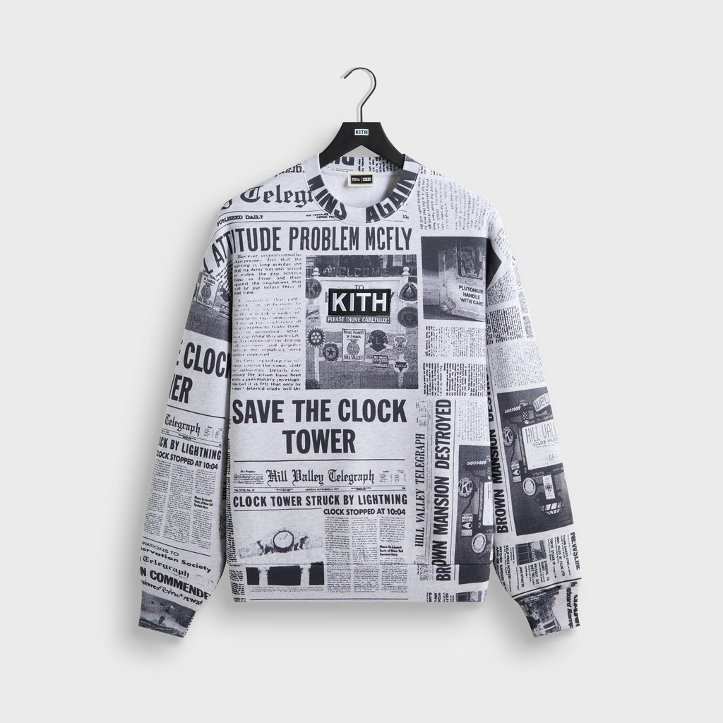 Kith for Back to the Future Newspaper All-Over Printed Nelson Crewneck - Light Heather Grey