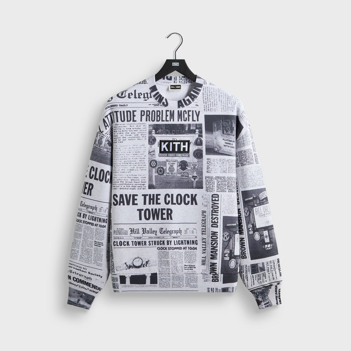 Kith for Back to the Future Newspaper All-Over Printed Nelson Crewneck - Light Heather Grey