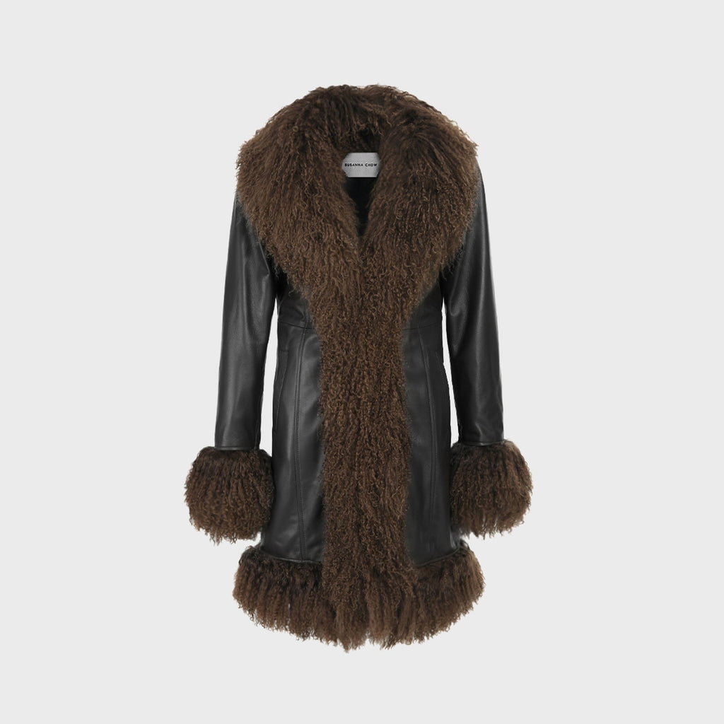 Susanna Chow Dorothy Midi Leather Coat - Black / Brown Trim