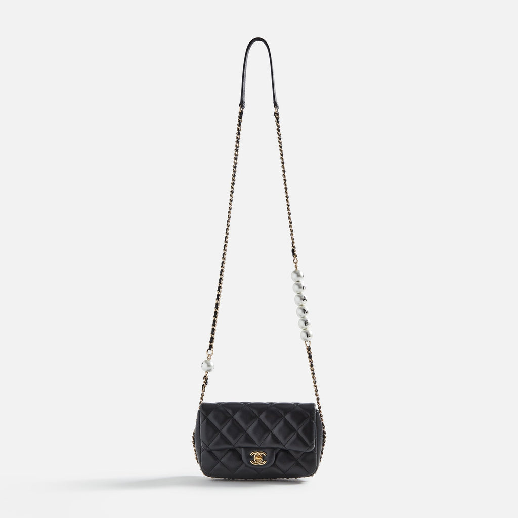 WGACA Chanel Lambskin Pearl Logo Flap Bag - Black