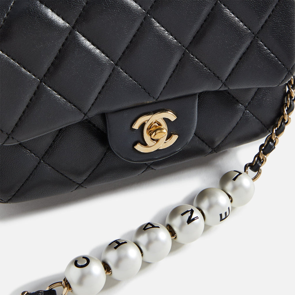 WGACA Chanel Lambskin Pearl Logo Flap Bag - Black