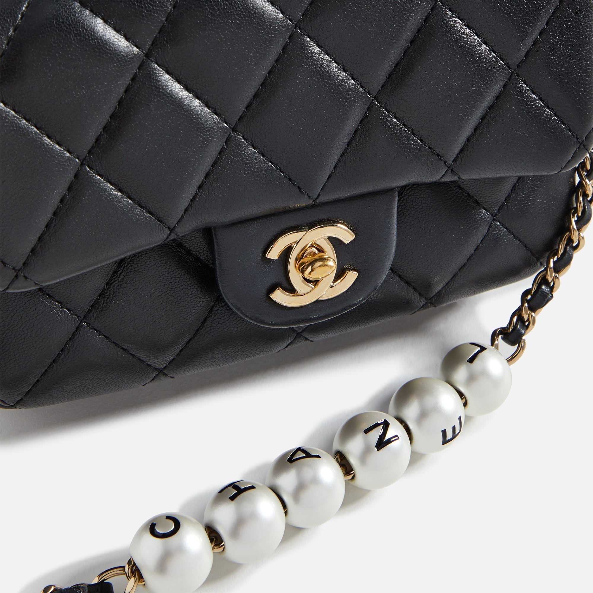 WGACA Chanel Lambskin Pearl Logo Flap Bag - Black