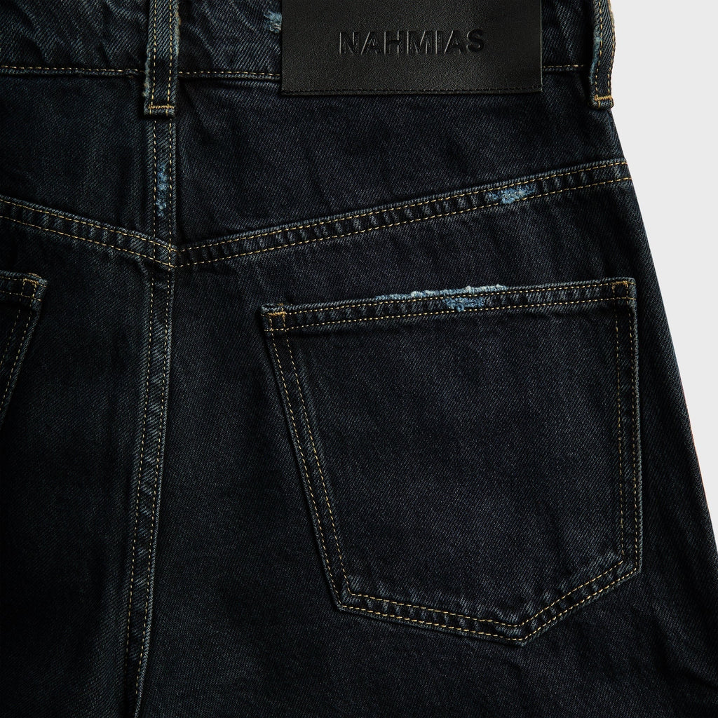NAHMIAS Baggy Fit Destroyed Denim Track Jean - Dark indigo Wash Denim